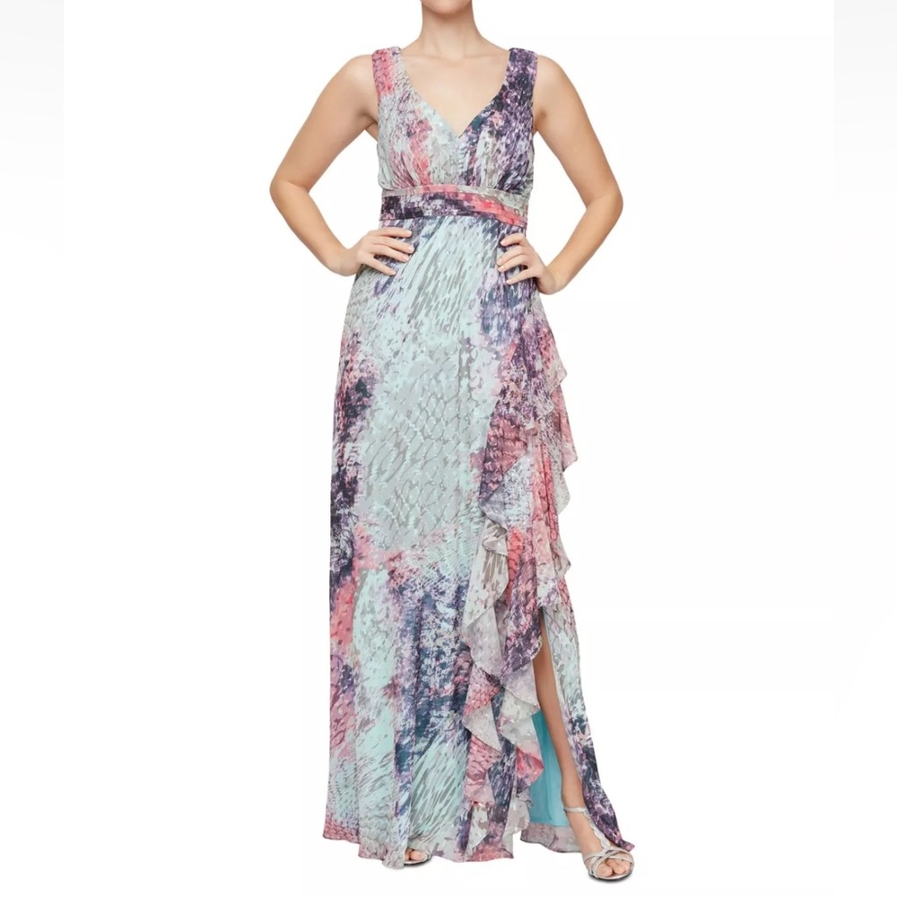 ALEX & EVE BY ALEX EVENINGS Multicolor Green Ruffle Side Slit Maxi Formal Dress